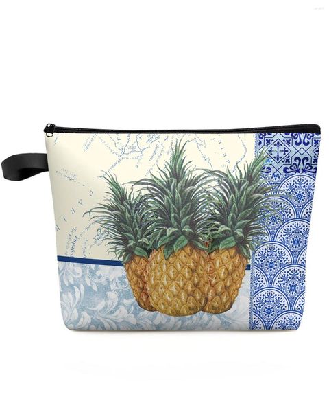 Bolsas de cosméticos Azul y Blanco Porcelana Textura Piña Bolsa de Viaje Personalizada Bolsa de Almacenamiento de Maquillaje Portátil Estuche de Lápices Impermeable para Mujer