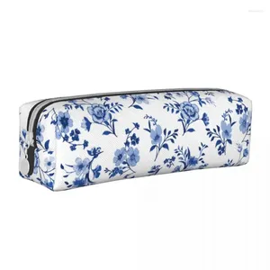 Cosmetische Zakken Blauw Bloemmotief Etui Vintage Bloemen Pen Box Tas Student Grote Capaciteit Schoolbenodigdheden Cadeau Etuis