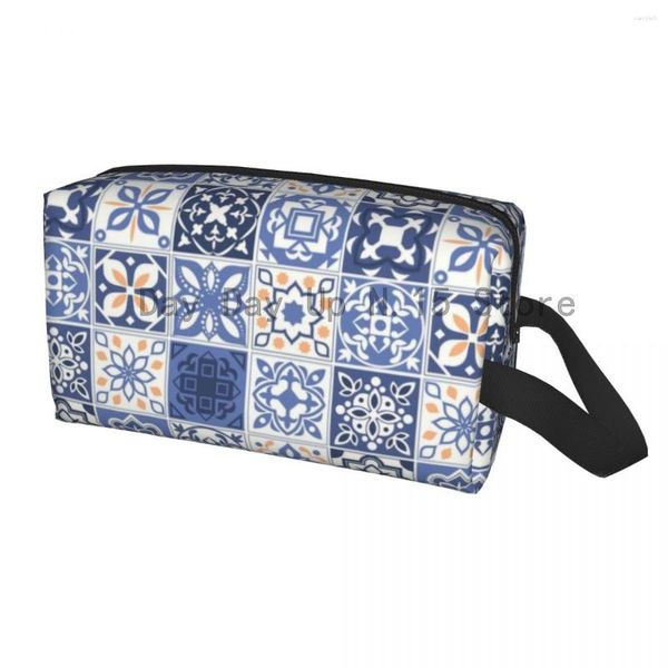 Bolsas de cosméticos azulejo portugués azulejo neceser para mujer Portugal Azulejo flor maquillaje organizador señora belleza almacenamiento Dopp Kit caja