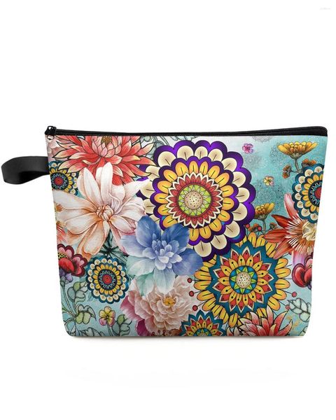 Bolsas de cosméticos con Mandala bohemio para mujer, bolsa de maquillaje con flores, artículos esenciales de viaje, organizador de inodoro, estuche de almacenamiento para niños