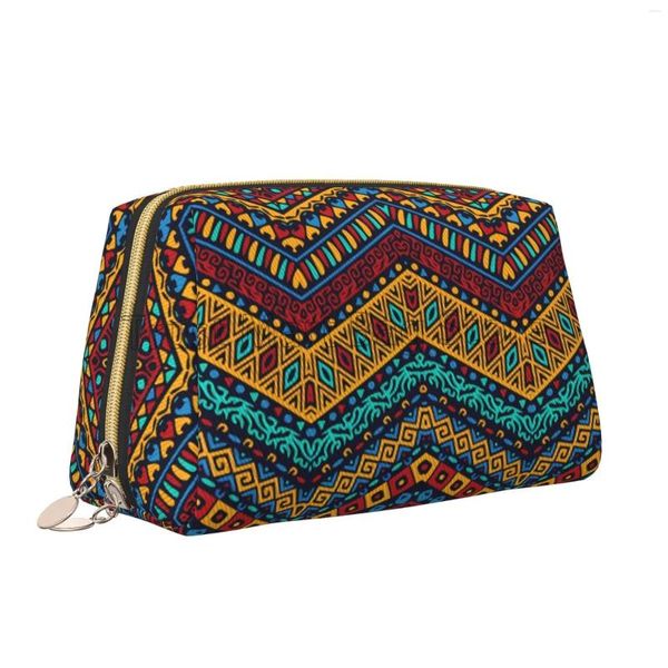 Sacs à cosmétiques Boho africain ethnique Tribal motif géométrique en cuir sac de maquillage femmes voyage pochette de toilette grande capacité de stockage