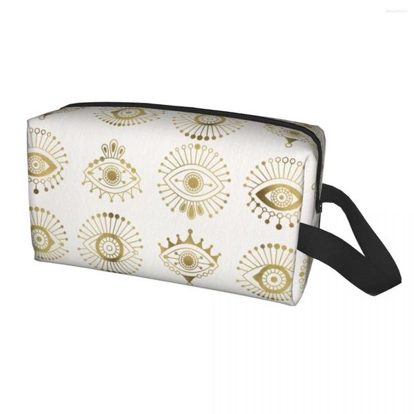 Bolsas de cosméticos Boho Evil Eyes Hamsa Neceser para mujer Paleta dorada Marroquí Marruecos Organizador de maquillaje Estuche para kit Dopp de almacenamiento para damas