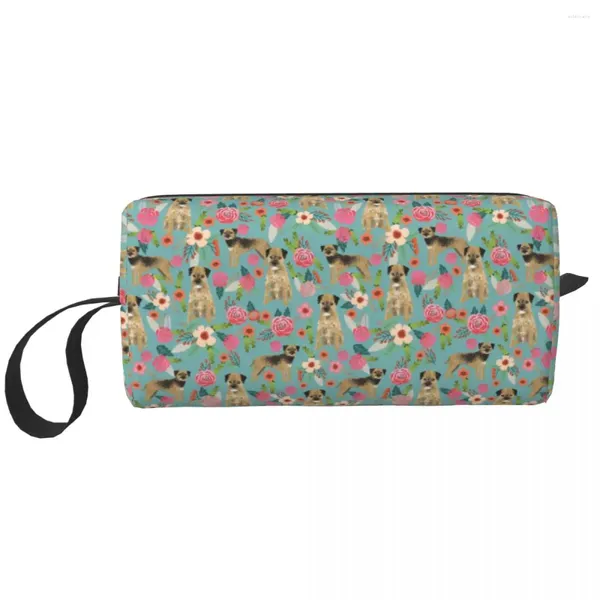 Bolsas de cosméticos Border Terrier, bolsa de maquillaje con patrón floral, organizador de viaje para mujer, artículos de tocador de almacenamiento para amantes de los perros lindos