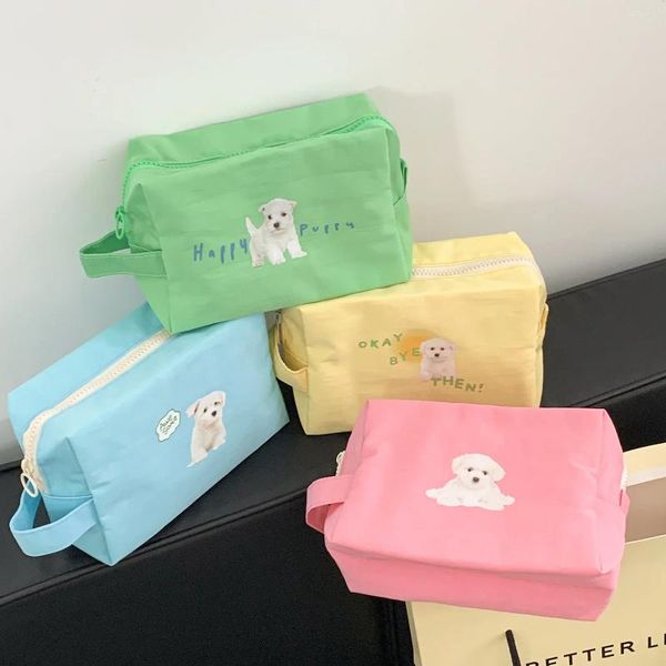 Bolsas cosméticas lienzo para mujeres cosméticos tela de algodón organizador de almacenamiento de maquillaje femenino para lindo perrito de la moda del perro bolso