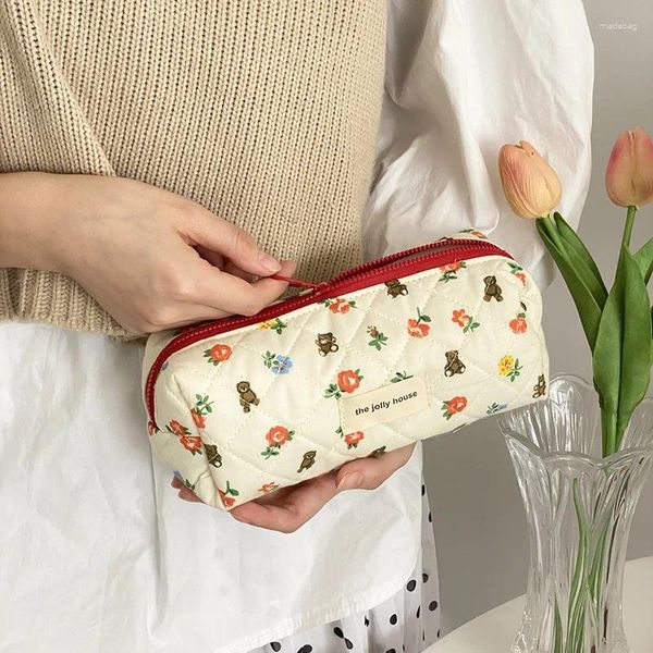 Sacos cosméticos urso dos desenhos animados flor feminina impresso feminino armazenamento de viagem faculdade meninas lápis caso bolsa embreagem bolsas