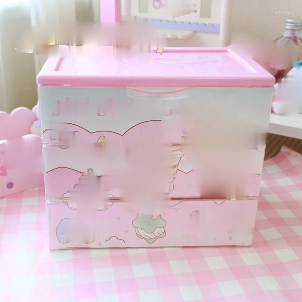 Sacs à cosmétiques dessin animé petites étoiles mignonnes, boîte de rangement à trois niveaux avec tiroir, bacs créatifs pour filles, boîtier en plastique rose de bureau