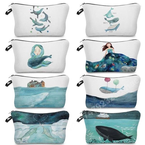 Sacs de cosmétique Cartoon Imprimerie de maquillage pour femmes Kawaii Whale Sea Series Organisateur de grande capacité Éco Case de crayon pour enfants