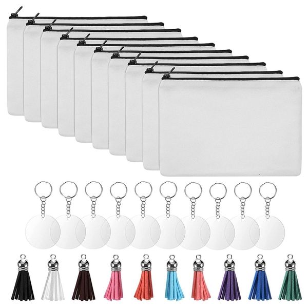 Sacs à cosmétiques Cas 10pcs sac ensemble transfert de chaleur vierge bricolage toile étui à crayons fermeture éclair maquillage stockage avec porte-clés acrylique rond 230923