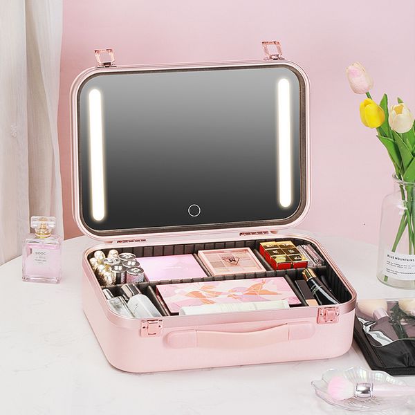 Sacs à cosmétiques Étuis Sac à cosmétiques avec miroir et lumière Boîte de rangement pour cosmétiques Batterie haute capacité LED Boîte de maquillage professionnelle portable 230907