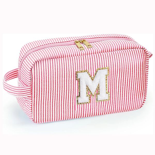 Sacs à cosmétiques cas mignon initiale imperméable rose femmes filles voyage trousse de toilette pochette de maquillage avec patch lettre chenille 231127