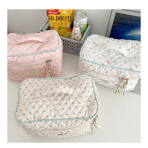 Trousse de maquillage en coton matelassé mignon pour femmes, organisateur cosmétique à fermeture éclair, sac à main en tissu féminin en forme de boîte, trousse de toilette Portable pour filles 230823