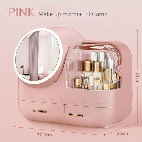 Kosmetiktaschen Fällen Fan Make-Up Organizer LED-Licht Aufbewahrungsbox Transparent Desktop Mode Klare Schönheit 2021 Drop