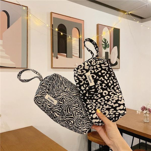 Bolsas de cosméticos, estuches de gran capacidad, bolsa de maquillaje a cuadros, leopardo, cebra, organizador de almacenamiento de maquillaje de lona para mujer, lápiz Kawaii