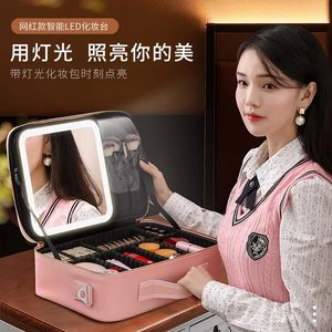 Trousse de maquillage LED avec lumière miroir grand sac cosmétique sac de rangement rose de voyage portable stockage cosmétique LED intelligent 231202