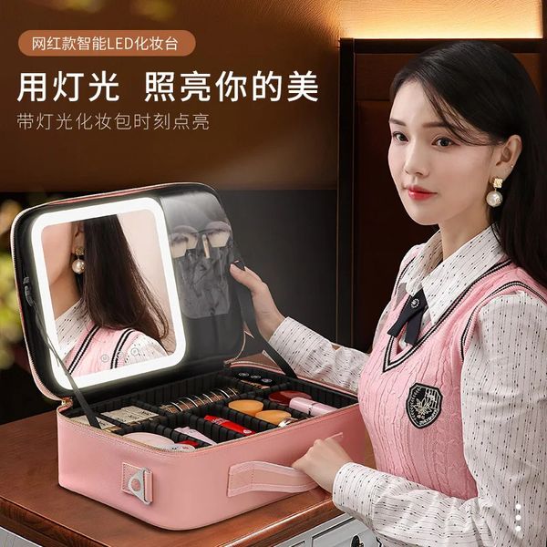 Trousse de maquillage LED avec lumière miroir grand sac cosmétique sac de rangement rose de voyage portable rangement cosmétique LED intelligent 231115