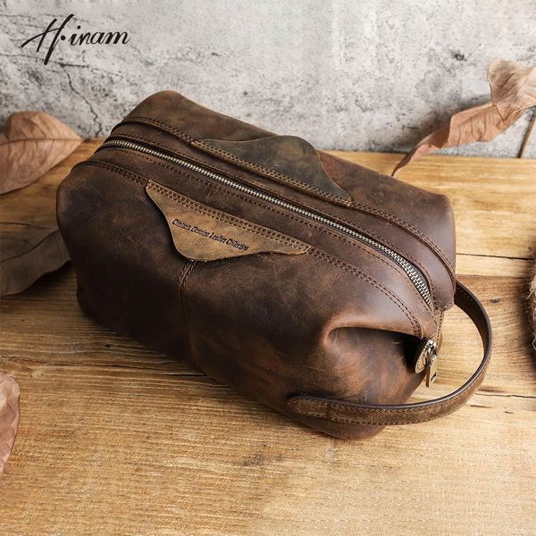 Sacs à cosmétiques Cas Marque de luxe Sac Hommes Crazy Horse Cuir Grande capacité Toilette Voyage Portable Stockage Lavage Organisateur Maquillage 230923