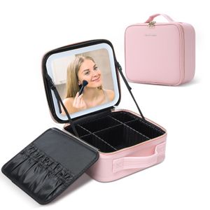 Trousses à cosmétiques Trousse de train de maquillage avec 3 couleurs de luminosité réglable Miroir LED Étui de voyage cosmétique Diviseurs réglables Trousse de toilette pour dame 231215