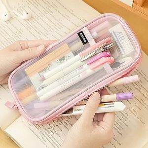 Cosmetische tassen cases pc's creatief mesh transparant schattige vierkante/ovaal draagbare pen potloodzak School Office Stationery Case