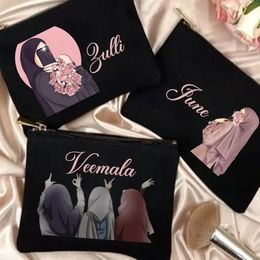 Estuches de bolsas de cosméticos Hijabi personalizado Bolsa de maquillaje para niña Bolsa organizadora de viaje Regalos para niñas musulmanas Nombre personalizado Bolsas con cremallera Eid 230808