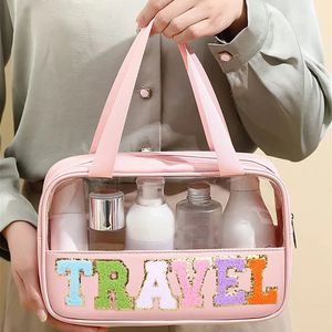 Sacs à cosmétiques Étuis Preppy Clear TRAVEL Maquillage avec des patchs de lettres en chenille Grand sac de maquillage avec poignée à fermeture éclair 231201