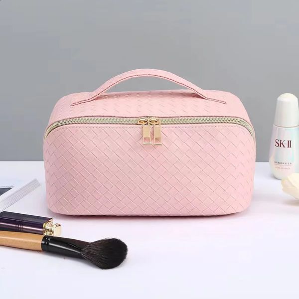 Bolsas de cosméticos Estuches PU Tejido de cuero Maquillaje Organizar Bolsas Almacenamiento de cosméticos grandes de alta capacidad Lápiz labial portátil Perfume Bolso Necesario de viaje 231109