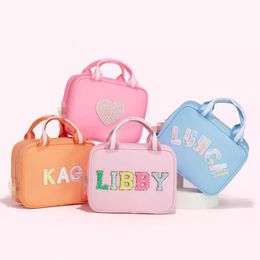 Cosmetische tassen Cases RTS Stock nylon draagbare waterdichte gepersonaliseerde chenille patches aangepaste meisjes kinderen school geïsoleerde koelere lunchbox 230410