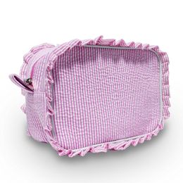 Estuches para bolsas de cosméticos Bolsas de cosméticos con volantes de Seersucker Bolsas de almacenamiento a rayas rosa/púrpura Bolsas de maquillaje para mujer con bolsa de viaje con cremallera Dom1031978 230207