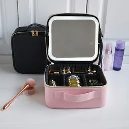 Sacs à cosmétiques cas sac de maquillage LED intelligent pour les femmes avec compartiments miroir étui de voyage en cuir PU étanche 231208