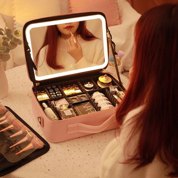 Sacs à cosmétiques Cas Smart LED Sac de maquillage avec miroir grande capacité professionnelle étanche en cuir PU étui de voyage pour les femmes 231208