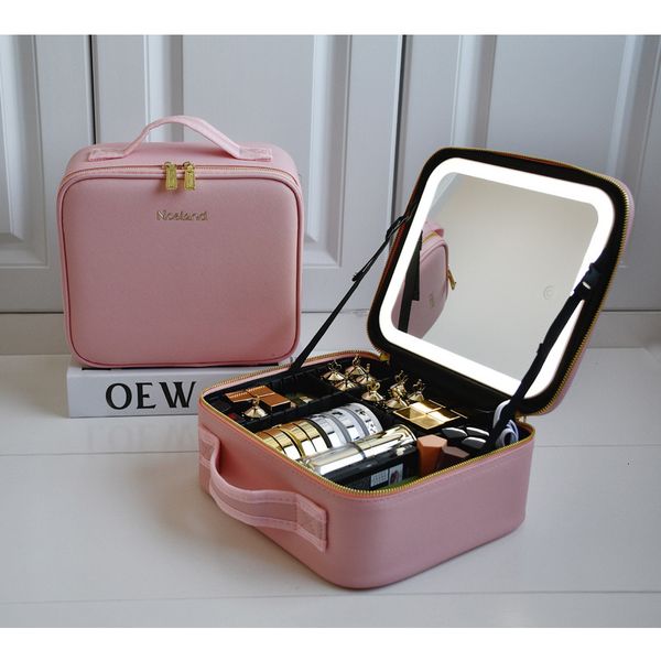 Sacs à cosmétiques Étuis Smart LED Trousse de maquillage avec miroir pour femmes Compartiments Grande capacité Étanche PU Étui de voyage en cuir 230725