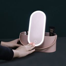 Sacs à cosmétiques, boîte de rangement de maquillage intelligente avec miroir lumineux LED, sacs de rangement de cosmétiques de voyage portables pour femmes 231118