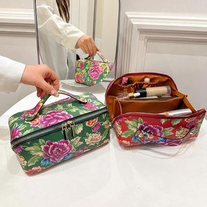 Sacs de cosmétique Style chinois Nord-Est Big Flower Sac vintage Pu Pu En cuir de voyage Pouche de maquillage avec poignée ouverte à plat pour les femmes et les filles