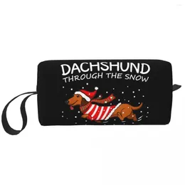 Sacs à cosmétiques Teckel de Noël à travers la neige Trousse de toilette de voyage pour femmes Saucisse pour animaux de compagnie Chien Maquillage Beauté Stockage Dopp Kit