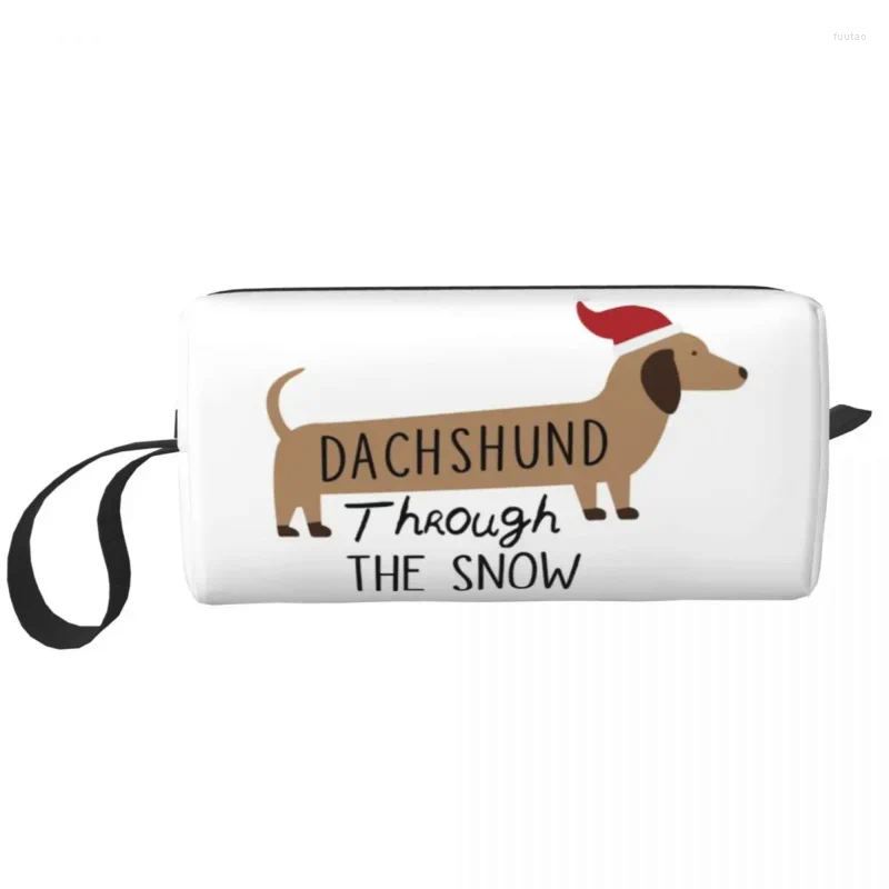 Sacos cosméticos natal dachshund através da neve saco de higiene para filhote de cachorro salsicha cão maquiagem organizador senhoras armazenamento dopp kit caixa