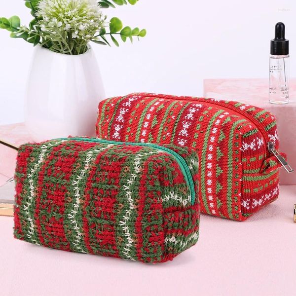 Bolsas de cosméticos estilo navideño, bolsa de almacenamiento con cremallera, 2 uds., regalo de vacaciones a rayas de punto Preppy para mujeres y niñas