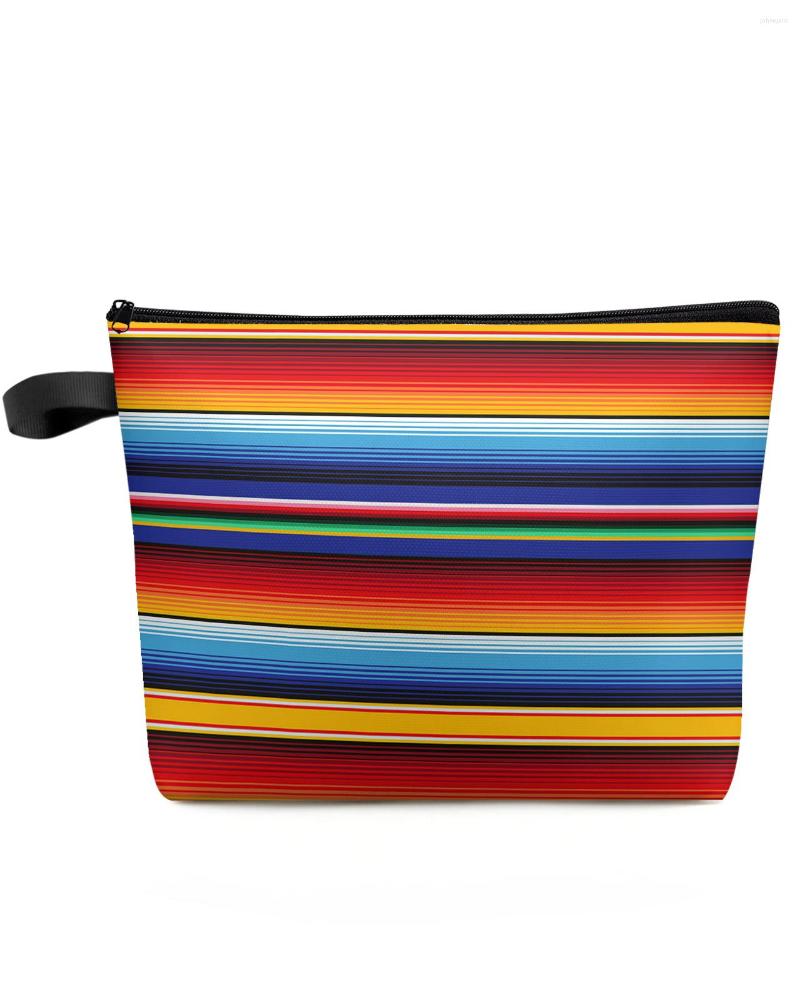 Kosmetiska väskor färgglada mexikanska ränder makeup väska påse reser väsentliga damer toalett arrangör barn lagring blyerts fodral