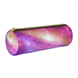 Borse per cosmetici Astuccio rotondo colorato Galaxy viola Stampa stelle acquerello per bambino Scatola in pelle Kawaii Cancelleria Penna con cerniera