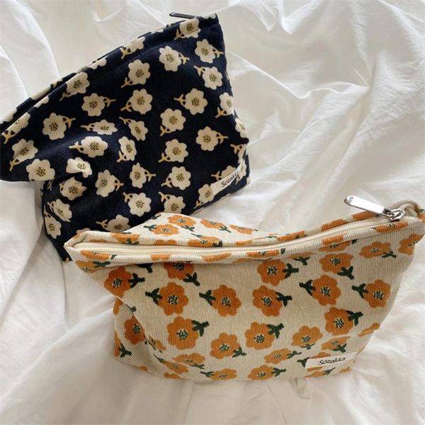 Sacs à cosmétiques Sac en velours côtelé imprimé floral pochette de maquillage coréenne esthétique femmes filles portable fermeture éclair porte-monnaie portefeuille pour voyage quotidien