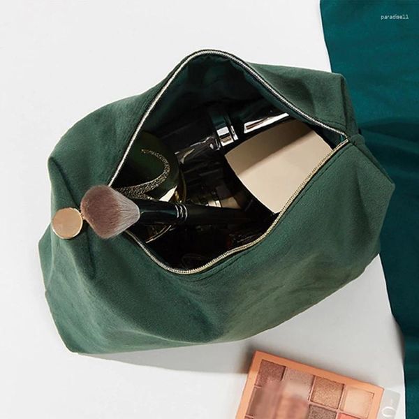 Bolsas de cosméticos Bolsa de almacenamiento Comestic de pana Productos para el cuidado de la piel de estilo nórdico Bolsa de maquillaje Estuche organizador de artículos de tocador con cremallera verde oscuro y negro