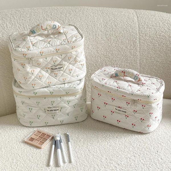 Sacs à cosmétiques en coton matelassé, joli organisateur de maquillage cerise, mallette de rangement pour femmes et filles