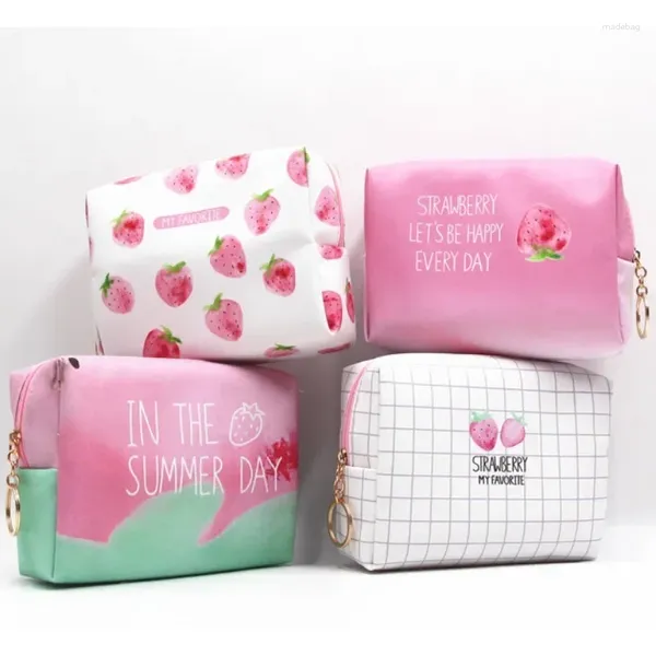 Bolsas de cosméticos creativas de la serie Pink Strawberry, bolsa impermeable de PU, artículos de tocador portátiles de gran capacidad, bolsa de maquillaje para almacenamiento de viaje