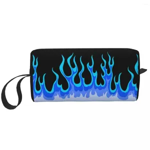 Cosmetische tassen op maat Blue Fire Racing Flames toilettas voor vrouwen make-up organisator Lady Beauty opslag Dopp Kit Box Case