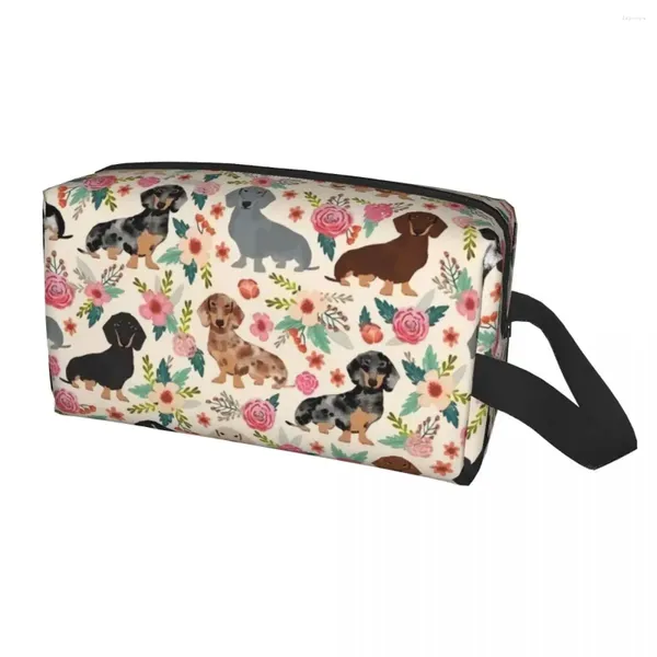 Sacs à cosmétiques personnalisé Doxie Florals teckel trousse de toilette pour femmes saucisse chien amoureux maquillage organisateur dame stockage Dopp Kit étui