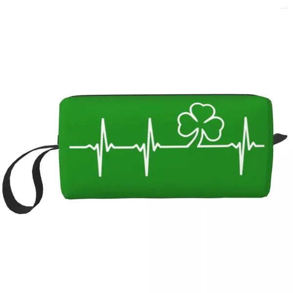 Sacs de cosmétiques Custom Irish Shamrock Heartbeat Travel Sac Femmes St Patrick Day Makeup Théorie de Toitrage Organisateur Lady Beauty Storage Dopp Kit