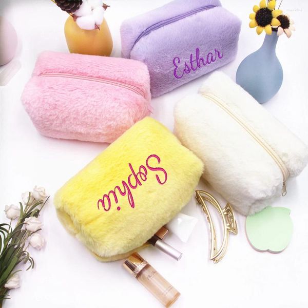 Bolsas cosméticas Nombre personalizado Color sólido Bolsa de maquillaje de piel linda para mujeres Capacimiento de la bolsa de lavado de lavado