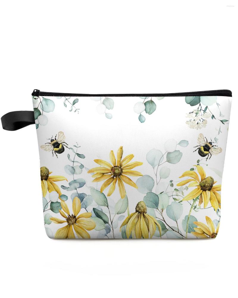 Bolsas de cosméticos eucalipto amarillo caqui abeja flor hoja bolsa de maquillaje artículos esenciales de viaje organizador de mujeres estuche de almacenamiento