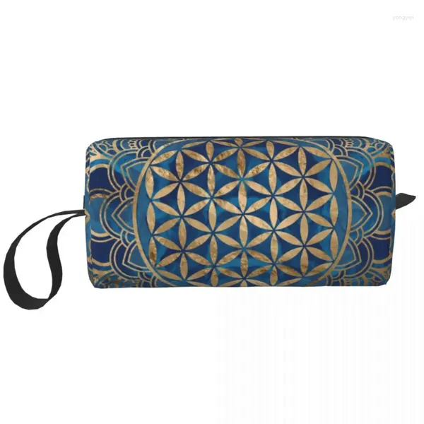 Sacs à cosmétiques fleur de vie en marbre bleu Lotus et or Mandala, trousse de maquillage de voyage pour hommes et femmes, pochette de rangement de toilette