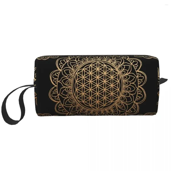 Bolsas de cosméticos con diseño de Mandala y flor de la vida para mujer, bolsa dorada y negra, organizador de artículos de tocador y maquillaje con geometría sagrada, Kit Dopp de almacenamiento de belleza para mujer