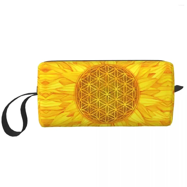 Bolsas de cosméticos Flor de la Vida Girasol Neceser portátil Mandala Floral Geometría Sagrada Organizador de Maquillaje Kit de Almacenamiento de Belleza Estuche