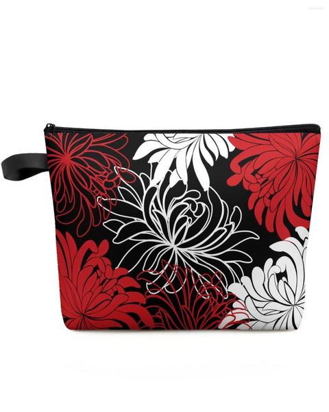 Bolsas de cosméticos con flores, rojo, blanco, negro, crisantemo, bolsa de viaje personalizada, bolsa de almacenamiento de maquillaje portátil, estuche impermeable para lápices para mujer